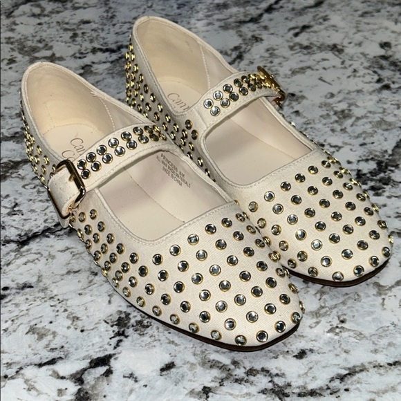 Revolve x Camila Coelho Cream Studded Mary Jane Canvas Ballet Flats 7.5 NWOB - Picture 3 of 6